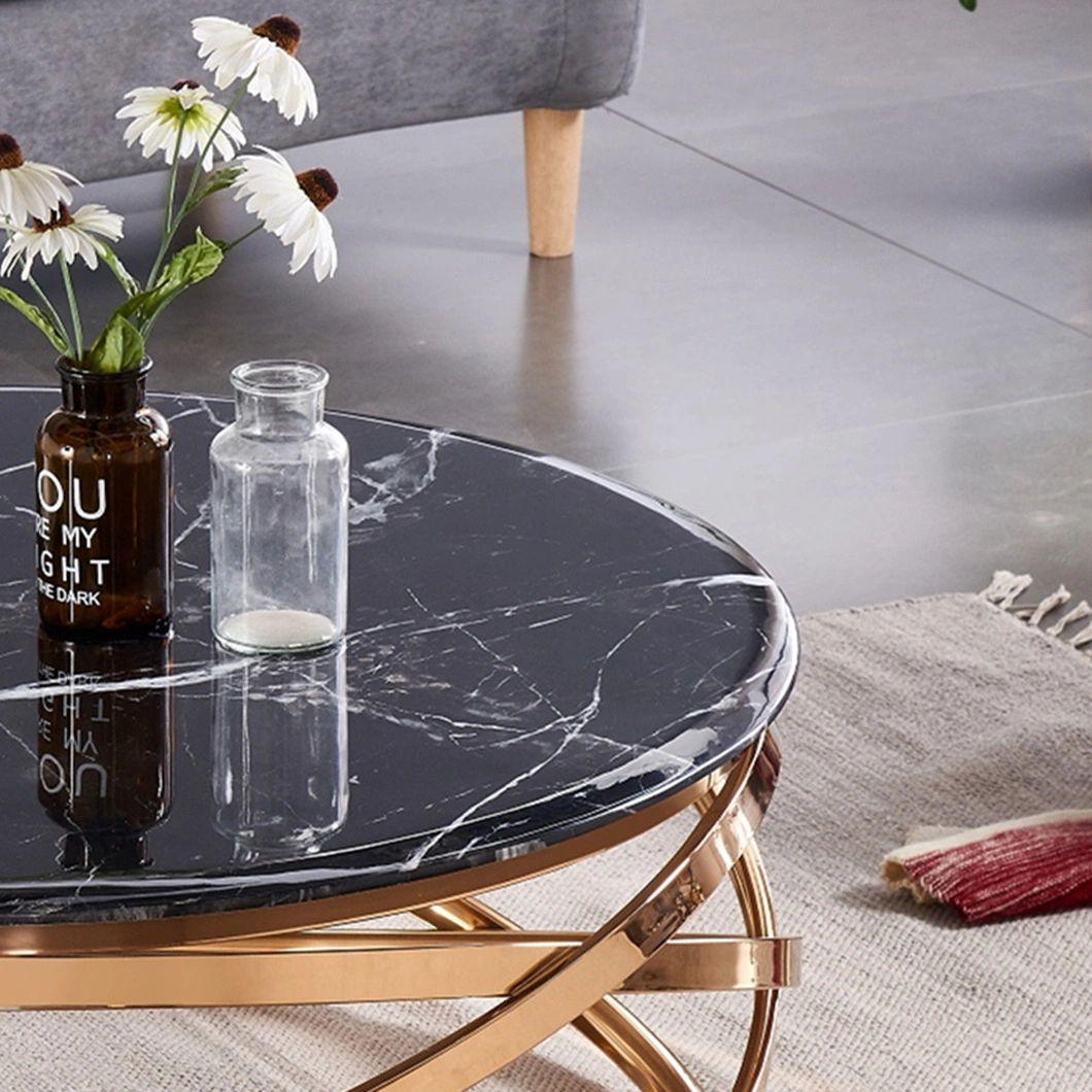 Black Marble Glass Modern Luxury Coffee Tables Gold Stainless Steel Round Living Room Tables